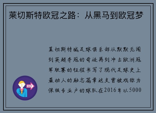 莱切斯特欧冠之路：从黑马到欧冠梦